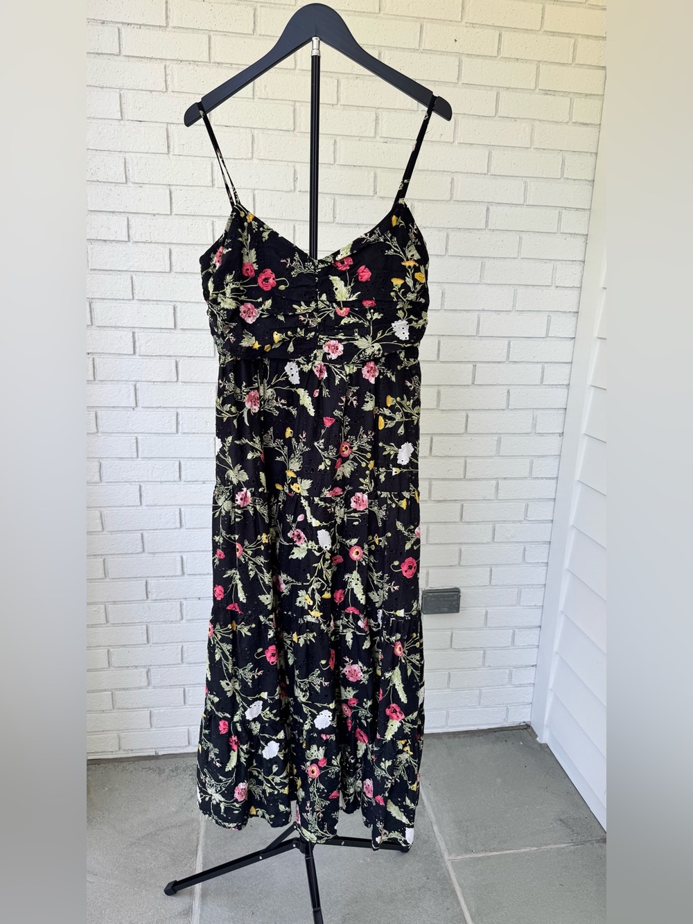 ZARA NWT Black Floral Eyelet Spaghetti-Strap Dress with Pink & Yellow Blooms